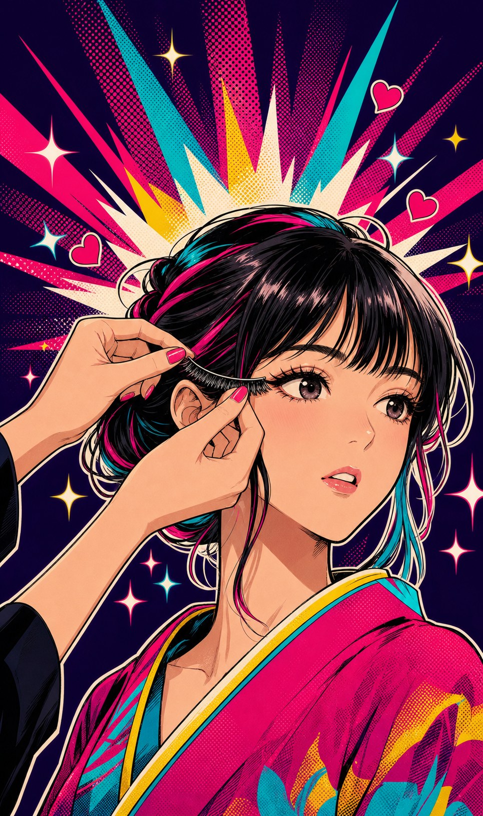 スタッフがマグネットつけまつげを装着している様子のイラスト